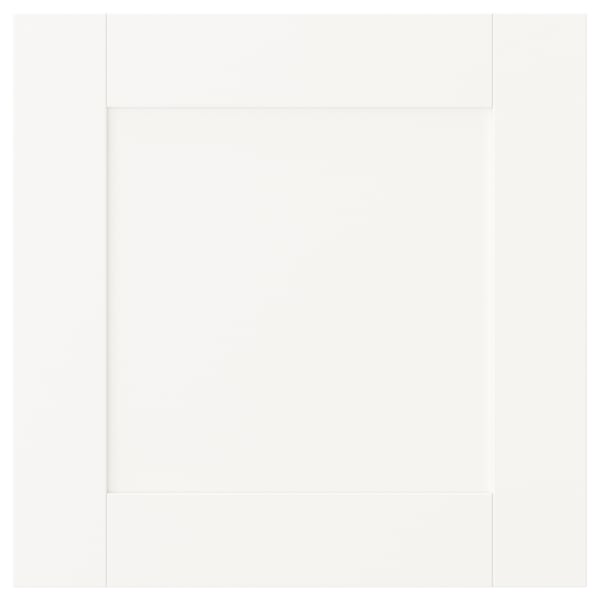 A SANNIDAL storage door. Its white, rectangular, and simplistic. Made of particleboard and fibreboard, its designed for platsa units.