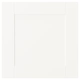 A SANNIDAL storage door. Its white, rectangular, and simplistic. Made of particleboard and fibreboard, its designed for platsa units.