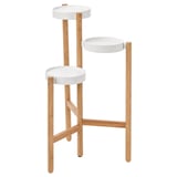 SATSUMAS plant stand, white shelves, natural bamboo legs. Three-tiered, modern design, ideal for displaying pots.