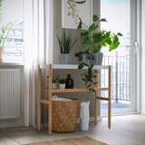 Wooden plant stand with multi-level greenery near window