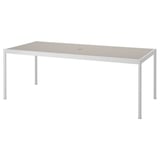 SEGERÖN outdoor table with aluminum top, white legs, rectangular shape.