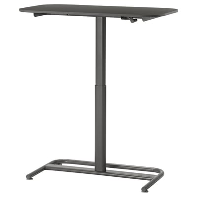 A modern, black SEGRARE sit/stand desk with a rectangular top, adjustable height via a crank, and sturdy metal legs. Ideal for small spaces.