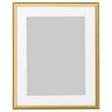Golden picture frame, empty with beige mat, light wood grain texture.