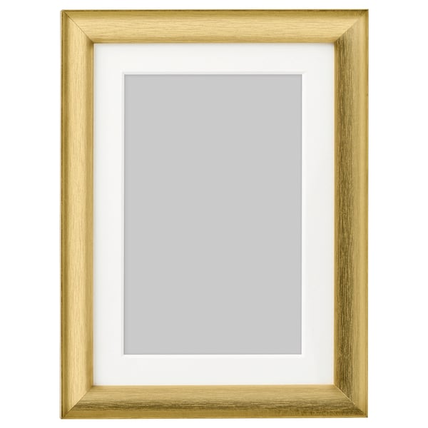 Golden picture frame with white mat, square shape, modern design.