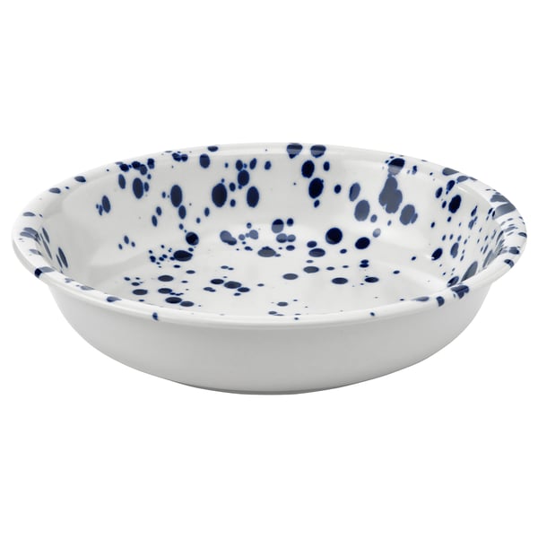 Round white ceramic bowl with blue speckles.