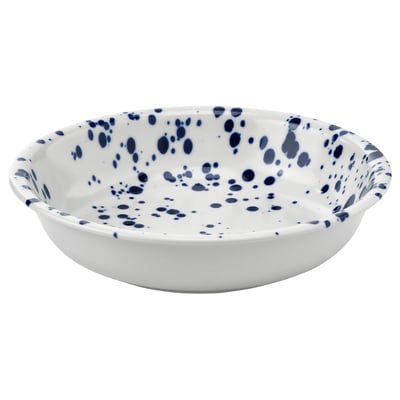 Round white ceramic bowl with blue speckles.