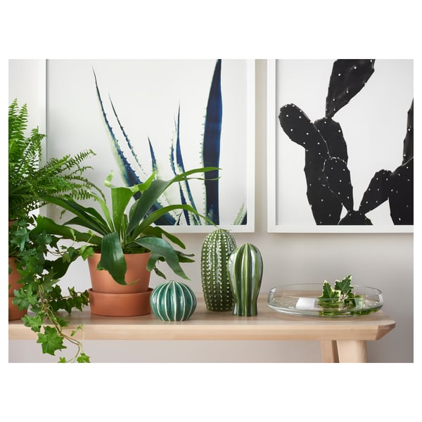 Small wooden shelf with green ceramic cacti and potted plants. Two framed cactus prints hang behind. Clear dish holds greenery cuttings.