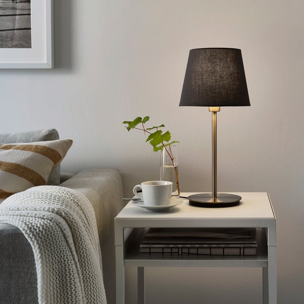 Cozy living room with SKAFTET lamp, couch, plant, and blanket.