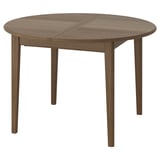 SKANSNÄS, brown, round, wooden dining table with butterfly leaf extension, four tapering legs.