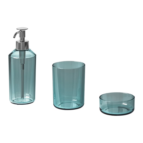 SKISSEN blue glass soap dispenser, cup, and dish set.