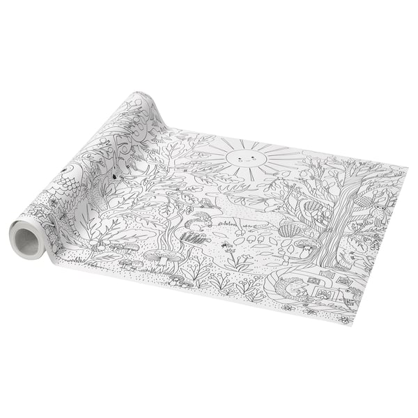 SKOGSDUVA: white roll, detailed forest scene, black outline, ready to color.