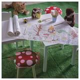 SKOGSDUVA paper roll with forest scenes, chair with mushroom cushion, stuffed animals.