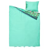 SKOGSDUVA bed set, bright green, rectangular, with fox and mouse design.