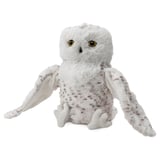 A plush white owl toy with brown spots, soft texture, and large yellow eyes, perfect for children.