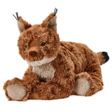 Soft plush toy lynx, brown and white, round body, pointed ears, black tip tail, soft material.