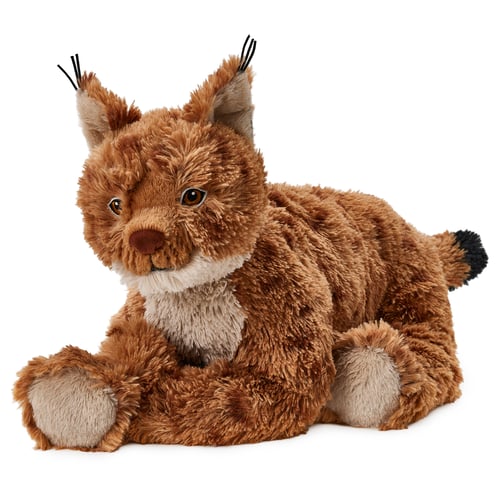 Soft cuddly toy lynx, brown and white, round body, pointed ears, black tip tail, soft material.