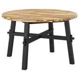SKOGSTA round table, light brown wood top, black legs, sturdy acacia wood, perfect for social gatherings.