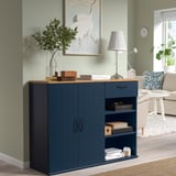Blue sideboard with plant, books, wall poster.