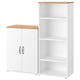 A white SKRUVBY storage unit set, including a cabinet with doors and a bookcase, both with light wooden tops.
