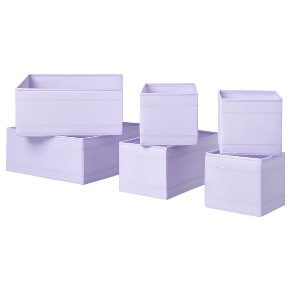 Six purple SKUBB boxes, three stacked together, two others beside them, made from recycled polyester fabric, perfect for organizing small items.