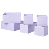 Six purple SKUBB boxes, three stacked together, two others beside them, made from recycled polyester fabric, perfect for organizing small items.