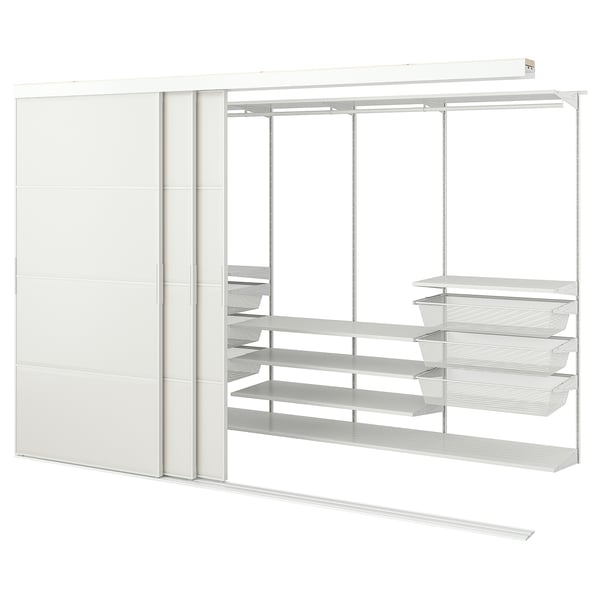 SKYTTA, a white wall-mounted storage system with sliding doors, shelves, and mesh baskets.