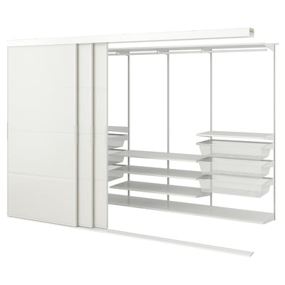 SKYTTA, a white wall-mounted storage system with sliding doors, shelves, and mesh baskets.