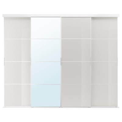 SKYTTA white sliding wardrobe, modern design, with glass and solid panels, mounted on metal rails.