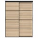 Option: A SKYTTA wooden closet. It six light brown sliding doors framed in black. The modern design includes vertical grooves for a sleek look.