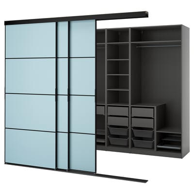Modern blue wardrobe with shelves & drawers.