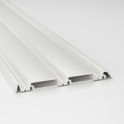 Modern white SKYTTA sliding door rail, sleek aluminium construction, precision engineered for smooth installation.