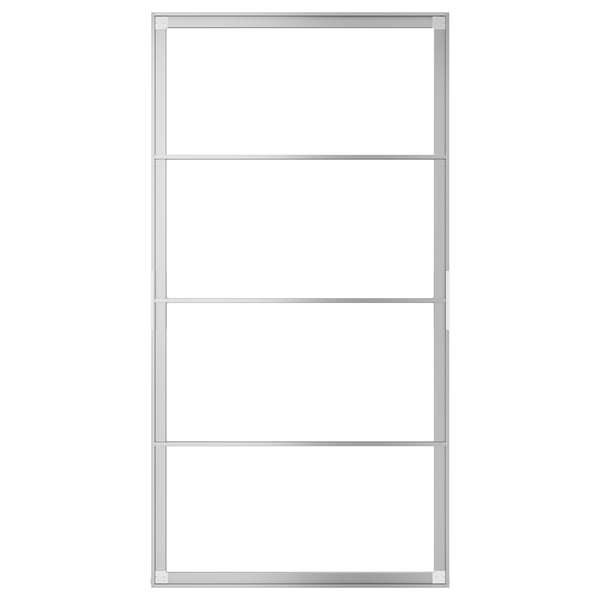 SKYTTA aluminum, silver sliding door frame with multiple panels.