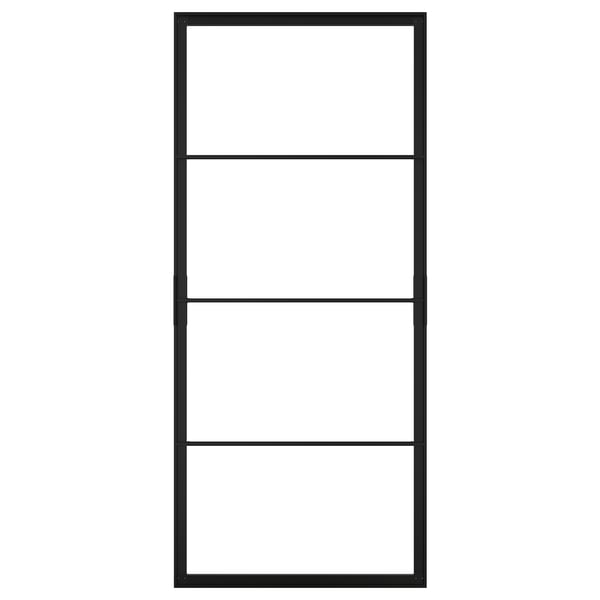 This image shows a black SKYTTA sliding door frame, made of aluminum, designed for customizable storage or room division.