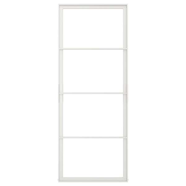 This is a SKYTTA sliding door frame in white. Its minimalist design four sections and is made of aluminum.