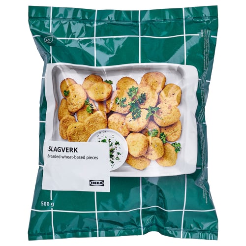 IKEA SLAGVERK bag: breaded wheat-based pieces, 500g, crispy surface, juicy inside. Perfect for vegetarians and families.