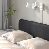 Gray bedroom with black bed, dual wall lights, circle pillow, plant, book, glass on nightstand.