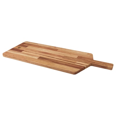 Wooden SMÅÄTA chopping board with handle - acacia, rustic design.