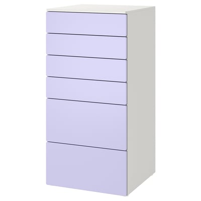 Tall white cabinet with six lavender drawers, modern design.