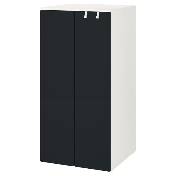 SMÅSTAD wardrobe with blackboard doors, white legs, hooks, and shelves for toddler storage.