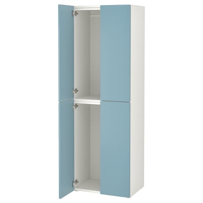 A tall, blue, and white wardrobe with four doors and adjustable feet, ideal for organizing clothes in a small space.