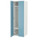 A blue and white SMÅSTAD wardrobe with one door open, revealing shelves and storage inside.