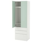 Green and white tall wardrobe with drawers and open door revealing storage.
