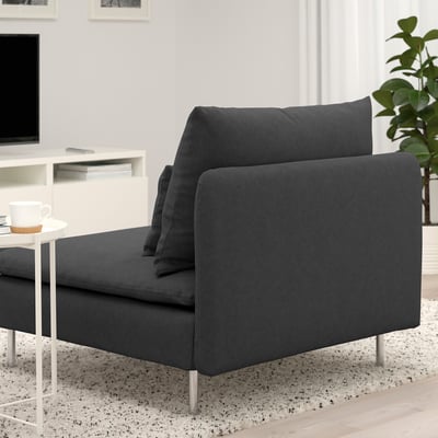 Dark grey SÖDERHAMN sofa with deep seats and loose cushions, supported by slim legs, ideal for relaxation.