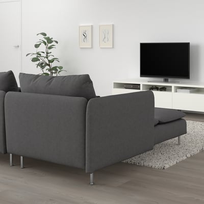 A modern gray SÖDERHAMN sofa with chaise in a minimalist living room.