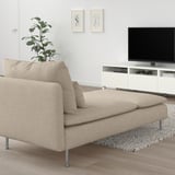Modern living room with a beige SÖDERHAMN chaise longue, flat-screen tv, and plant.