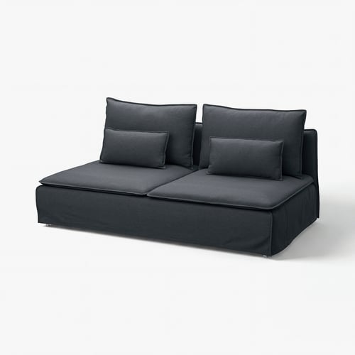 A modern, dark grey SÖDERHAMN sofa with clean lines and plush cushions, made with recycled cotton and polyester.