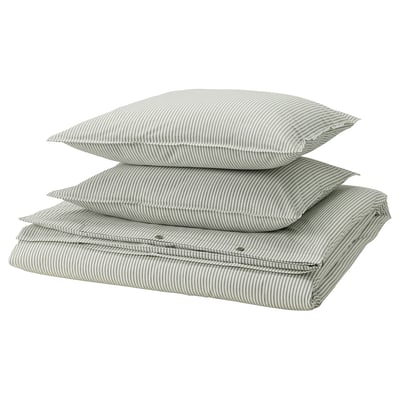 Stack of 3 green-striped cotton pillows, square-shaped with buttoned closures.
