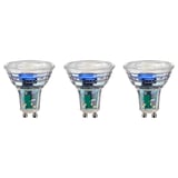 Three identical ikea led light bulbs, cool white, round shape with metallic base.