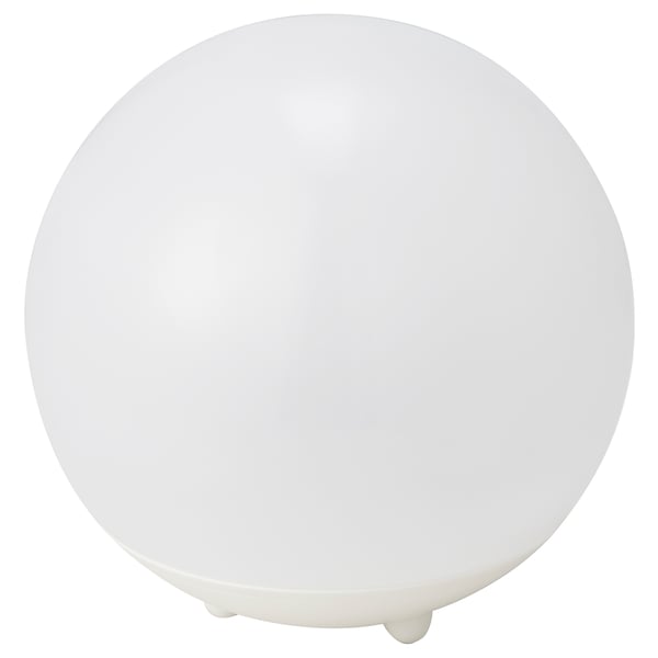 A white SOLVINDEN solar-powered lamp with a round shape and plastic materials. It stands on a small abs base and has a polycarbonate shade.