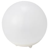 A white SOLVINDEN solar-powered lamp with a round shape and plastic materials. It stands on a small abs base and has a polycarbonate shade.